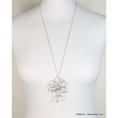 collier sautoir fleur métal perle