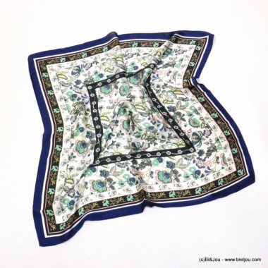 Foulard carré satin avec imprimé floral à bords bleus