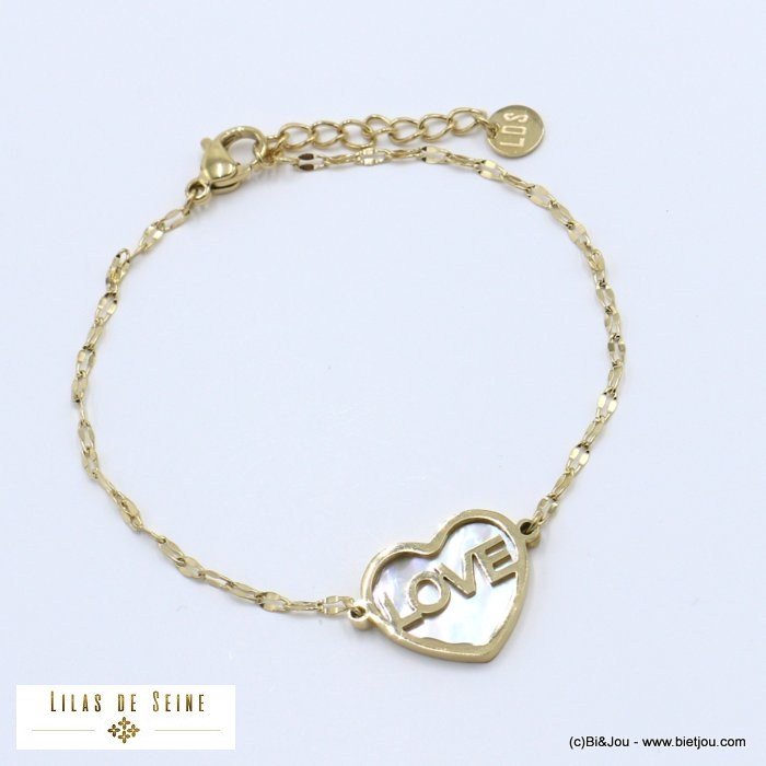 Bracelet chaîne en acier inoxydable avec pendentif forme coeur en nacre et inscription LOVE par Parissima