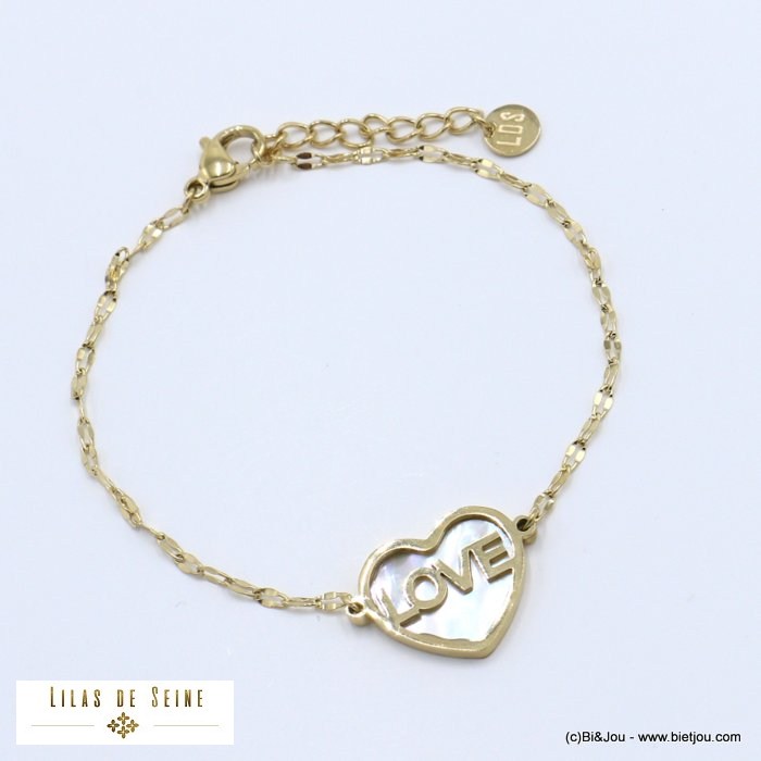 Bracelet chaîne en acier inoxydable avec pendentif forme coeur en nacre et inscription LOVE par Parissima