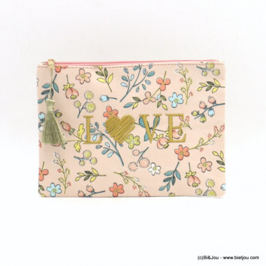 Pochette en tissu motifs fleurs et broderie "Love"