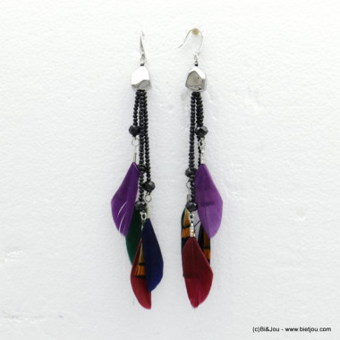 Boucles d'oreilles avec plumes violettes et perles