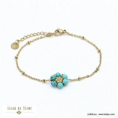 Bracelet chaîne acier avec pendentif fleur en pierre véritable turquoise