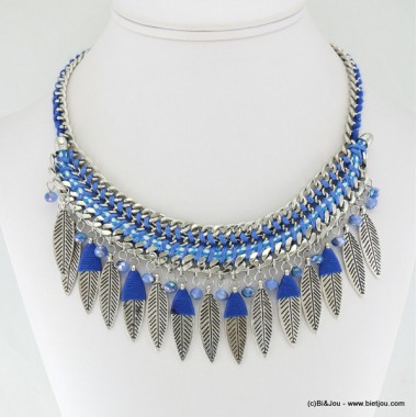 Collier ras de cou en métal tressé en plumes métalliques