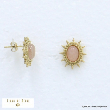 Mini boucles d'oreilles forme soleil en acier doré avec pierre naturelle véritable