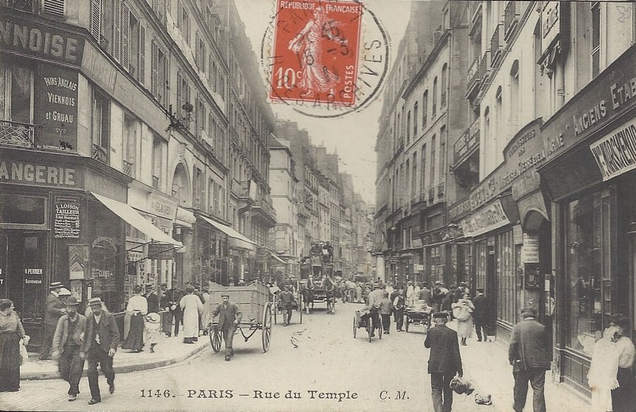 Carte postale avec ancienne photo de la rue du Temple à Paris